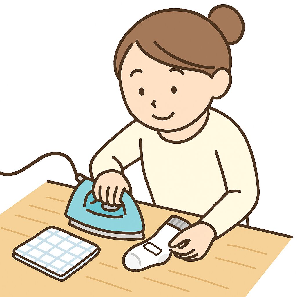 靴下にフロッキーネームをつけているところ
